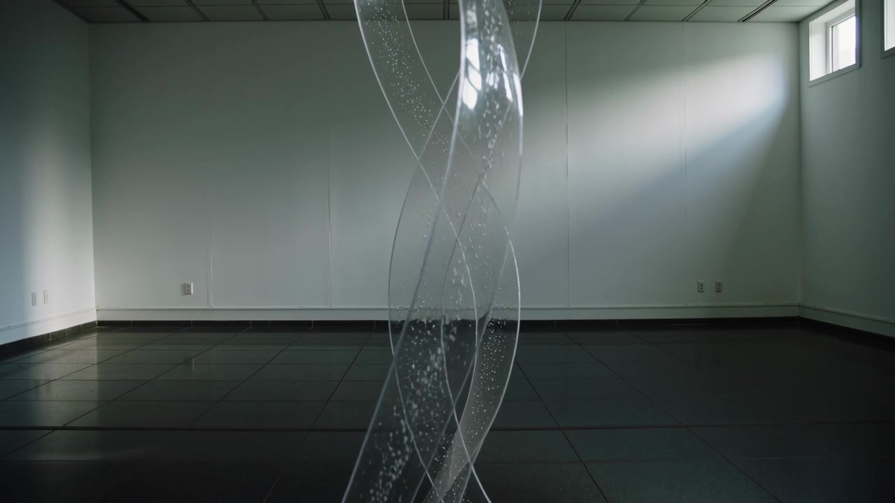 Lifting clear bubble tubes twisting from floor loops into helix in studio, window beam causing lift