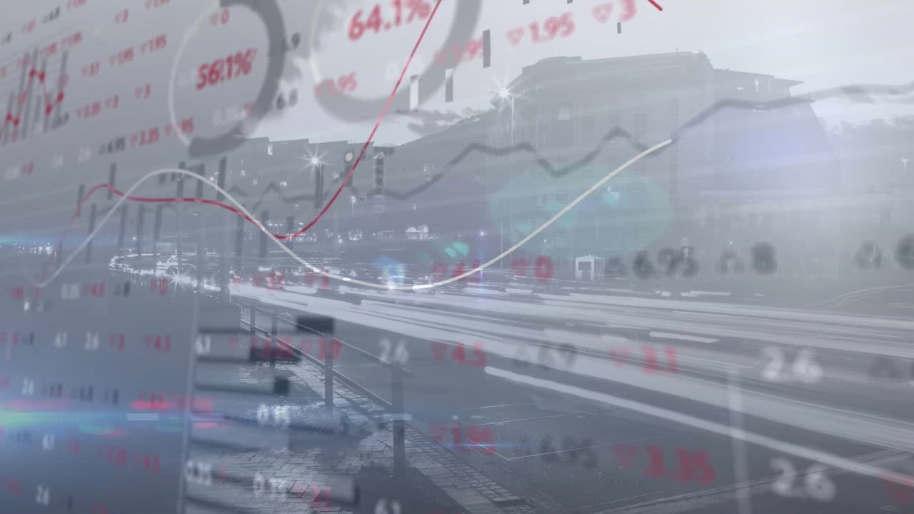 Nighttime street chart visualizing long exposure light trails with red and white candlestick graphs