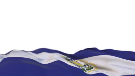 el salvador fabric flag waving on the wind loop. el salvadoran embroidery stitched cloth banner swaying on the breeze. half-filled white background. place for text. 20 seconds loop.