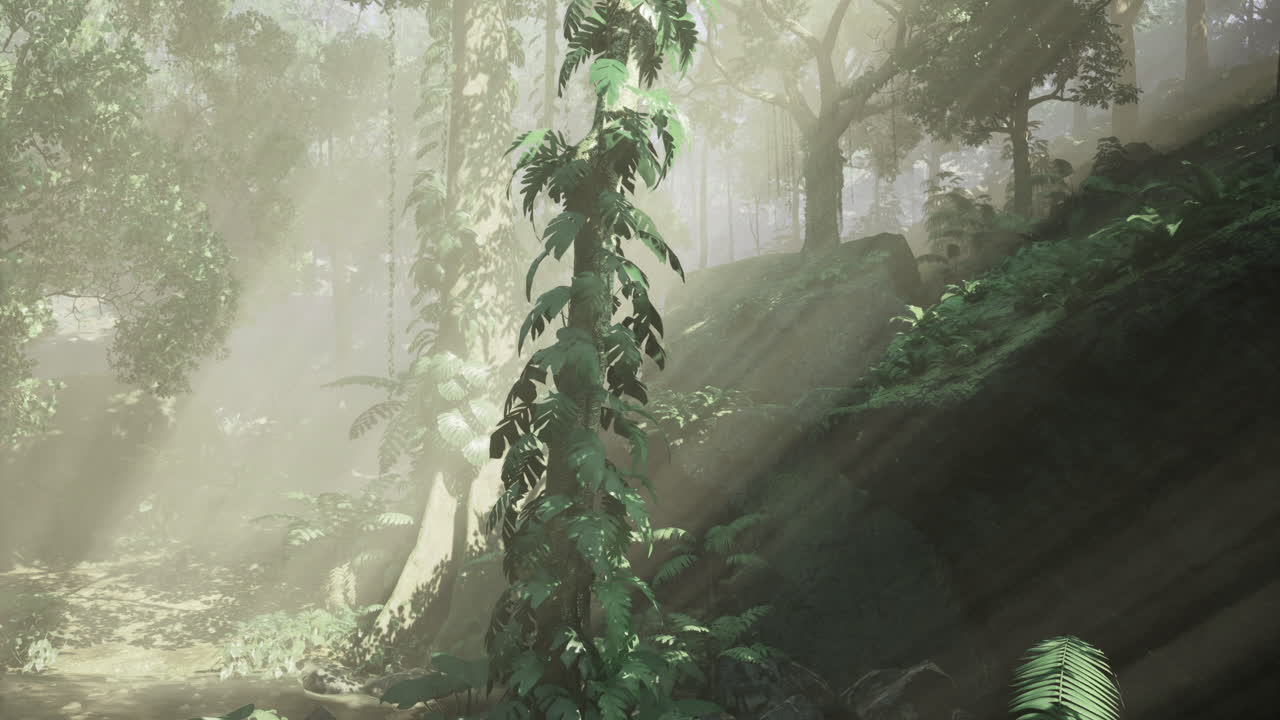 Light filtering through trees in a lush green forest during the morning