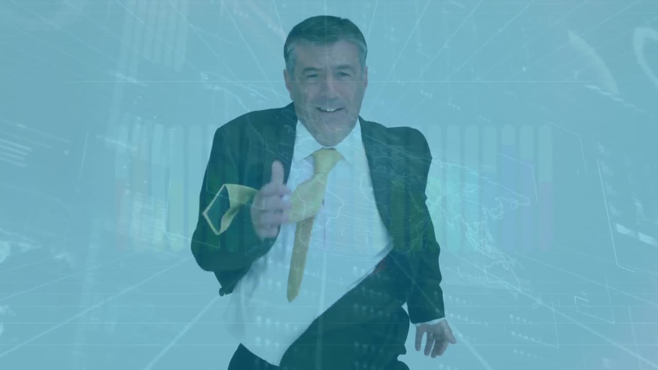 animación del mapa del mundo y procesamiento de datos sobre empresario caucásico