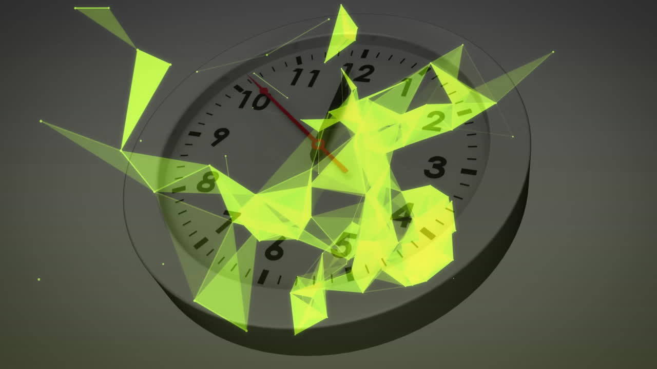 Animation of green geometric shapes overlaying analog clock showing time passing