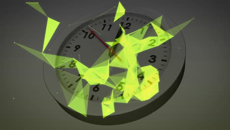 animation of green geometric shapes overlaying analog clock showing time passing