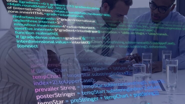 Animation of financial data processing over diverse business people in office
