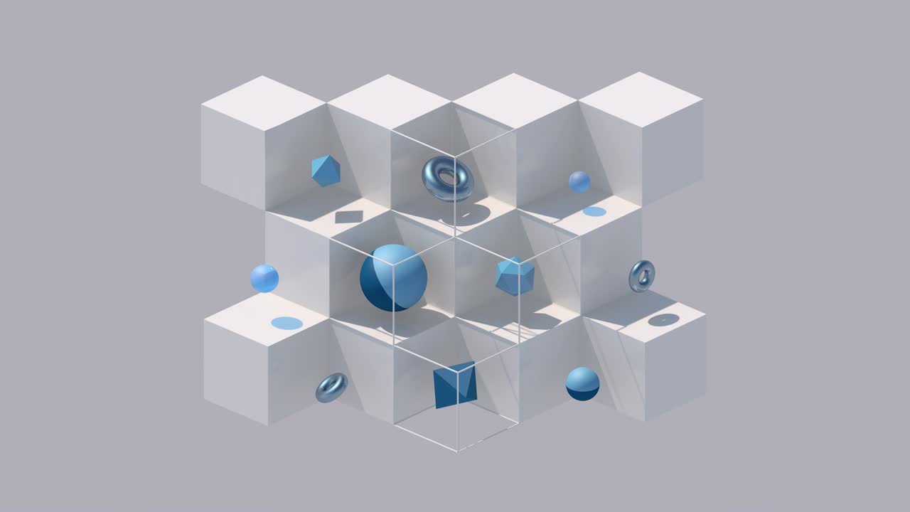 색 큐브와 파란색 기하학적 모양, 단단한 빛, 추상적인 애니메이션, 3d 렌더링