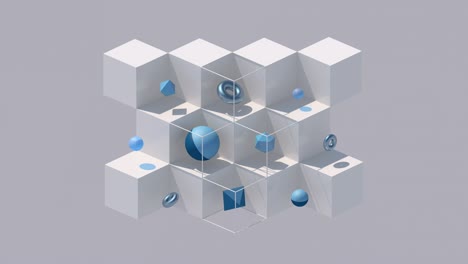 white cubes and blue geometric shapes. hard light. abstract animation, 3d render.