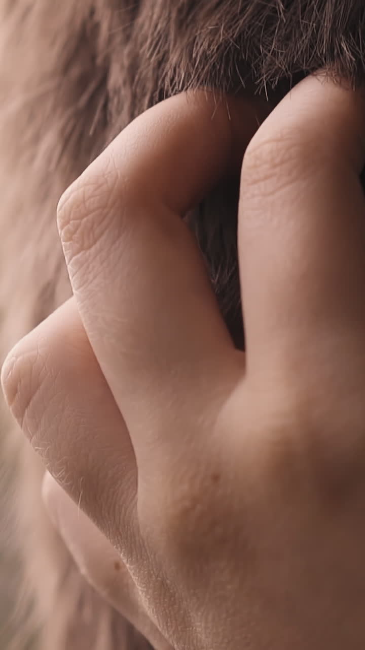 Loving woman cuddles brown hair of man on blurred background closeup slow motion. Lovely young couple enjoys romantic date. Passion relationship