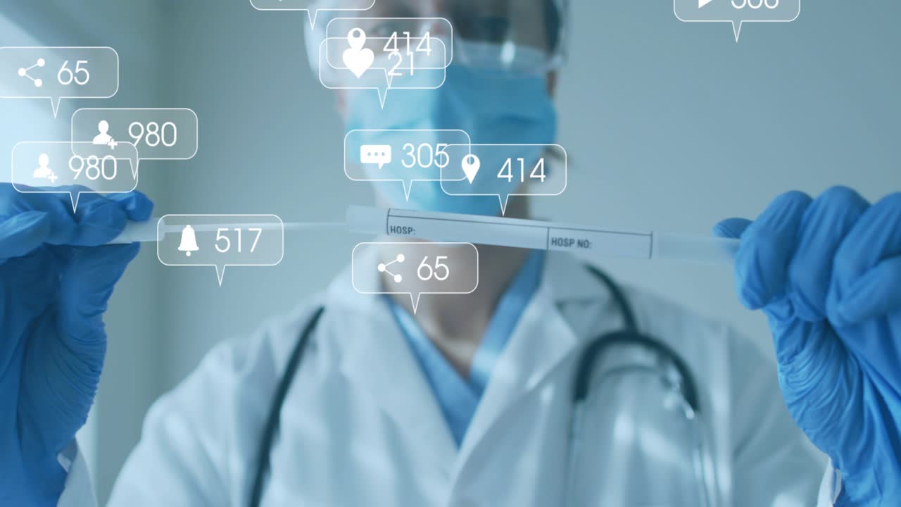Medical tech holding tube causing social media icons to rise and fade while sliding tube sideways