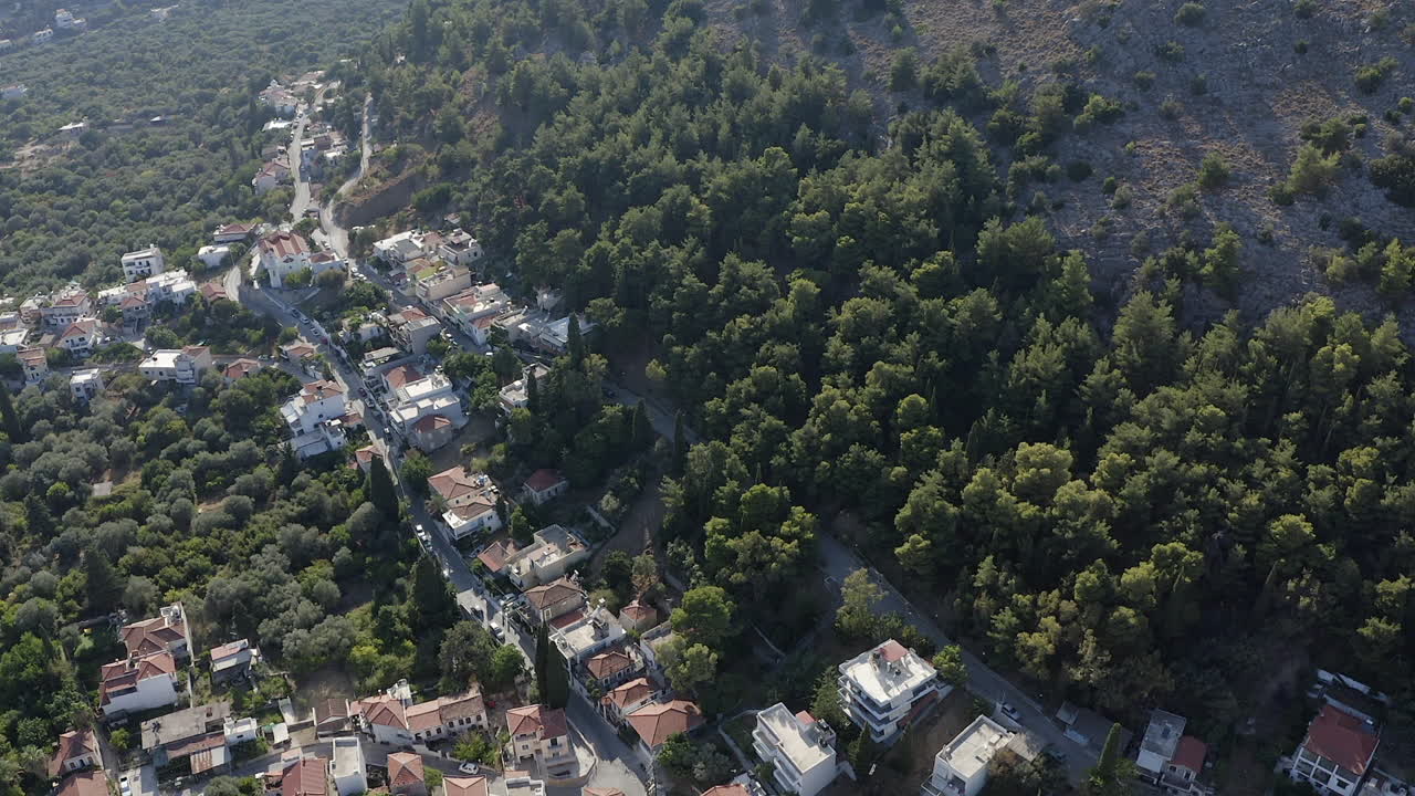 Bird's eye view of hillside street and houses on Greek island of Chios