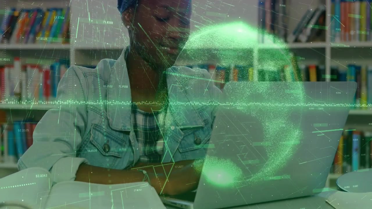 Female student studying, hologram globe and waves appearing over laptop and guiding textbook use