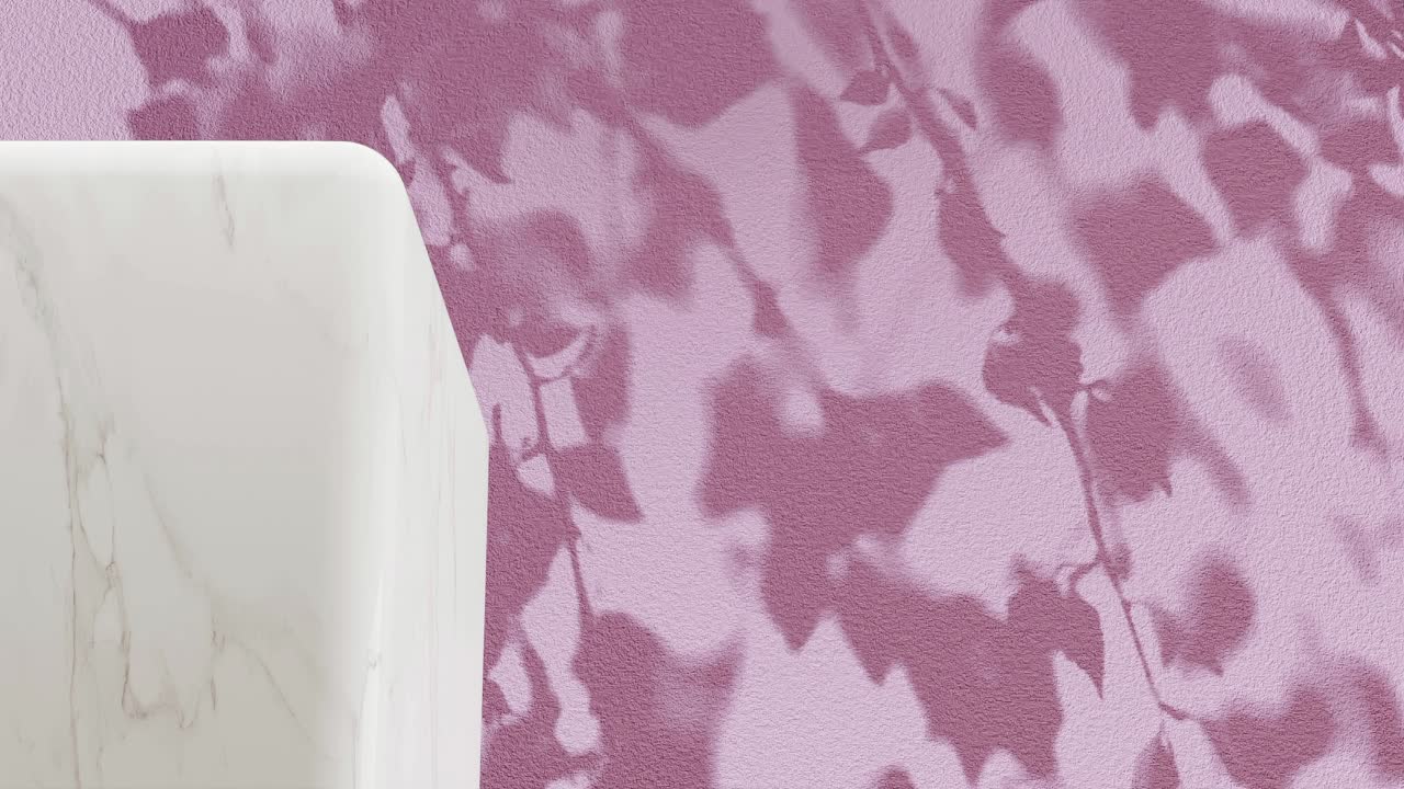 pedestal de mármol blanco con sombra de ramas en un fondo rosa