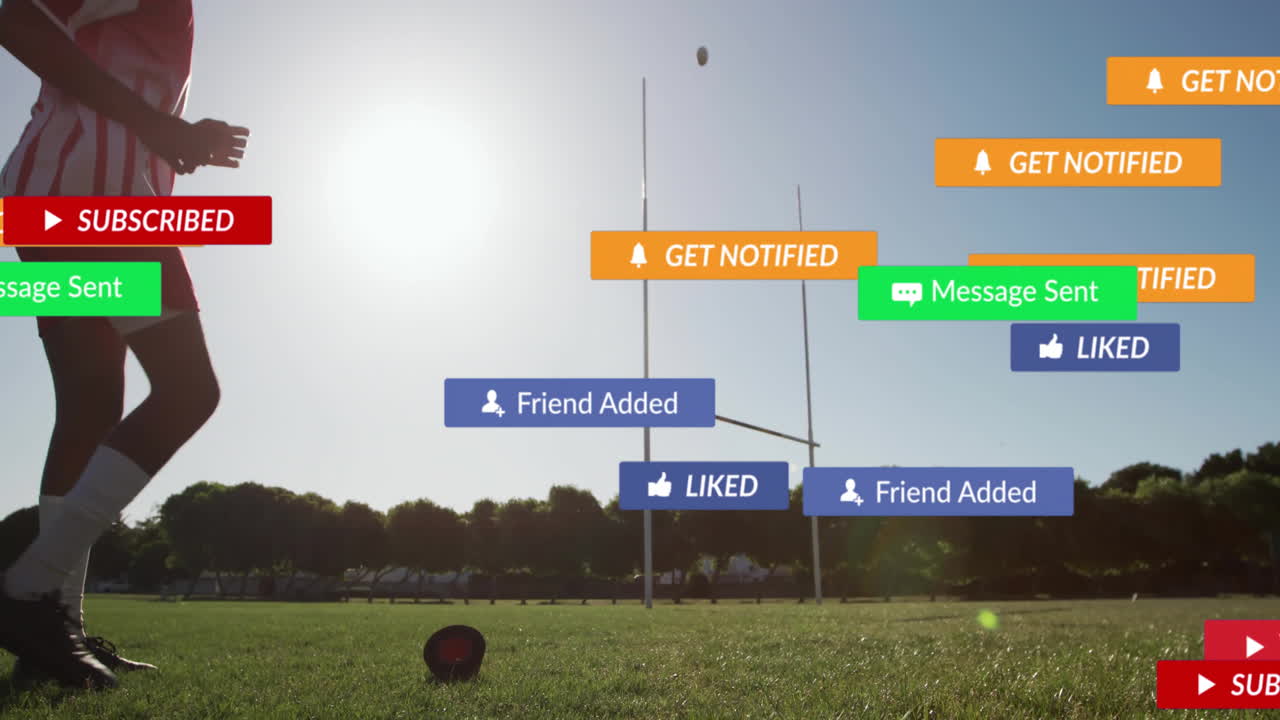 Teenage boy preparing to kick ball toward rugby posts on sunlit field, blending social media icons