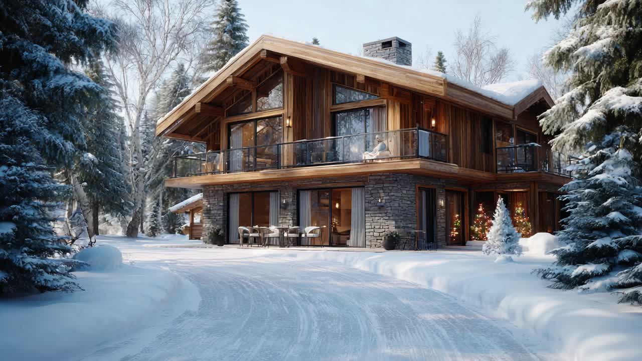 A Stunning Winter Retreat: A Cozy Modern Cabin Nestled Amidst a Snowy Landscape Surrounded by Lush Evergreen Trees and a Serene Atmosphere
