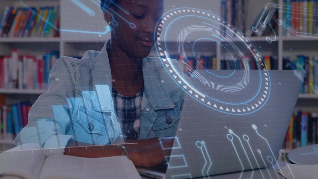 Student studying and typing on laptop upon holographic bar graphs appearing enhancing study