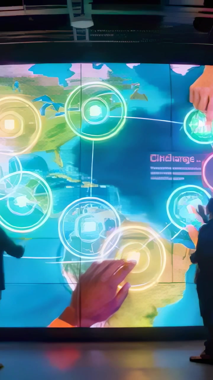 Vertical video: Touching two men in suits with orange-cuff activating map at exhibit, glowing nodes