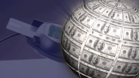 animation of globe made of dollars over payment terminal