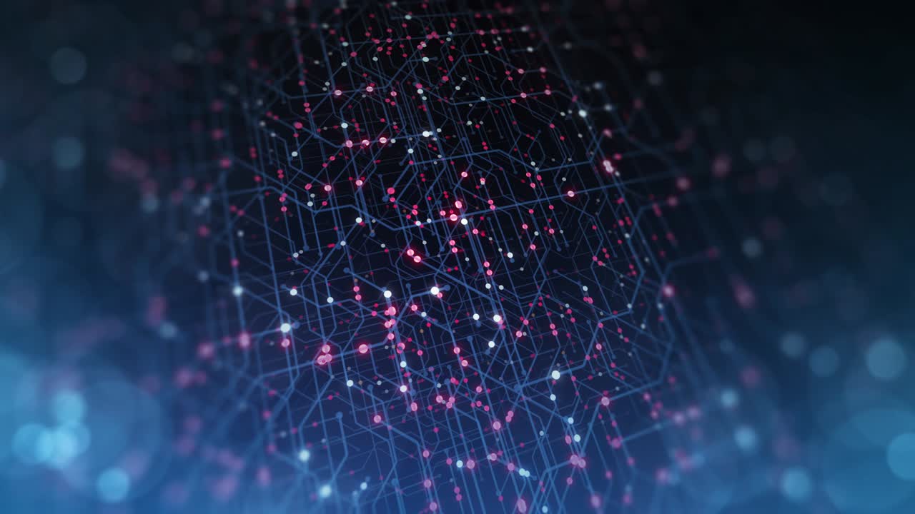 Abstract tech background made of printed circuit board. Depth of field effect and bokeh. internet connections, cloud computing and neural network, big data. 3D render, 4K seamless loop