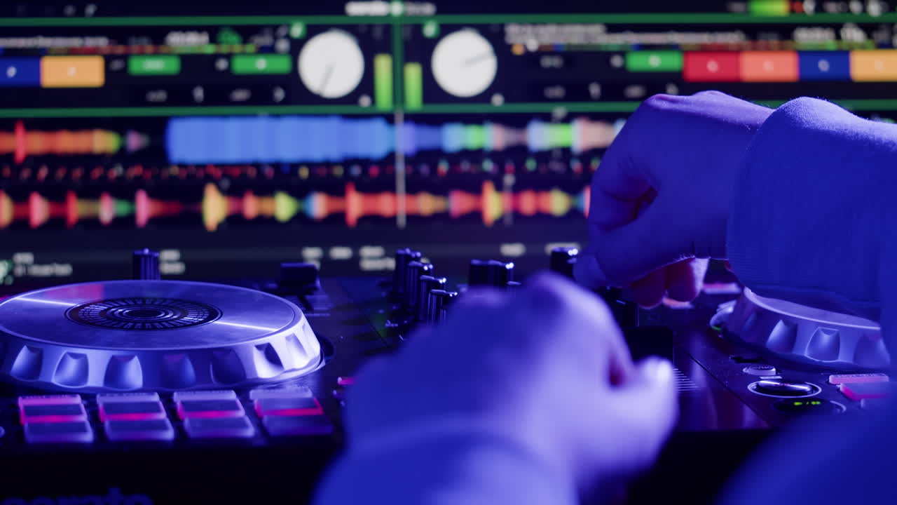 Vibrant DJ Mix Performance Closeup view of hands and equipment during a live music performance, city event, dj set in music techno club