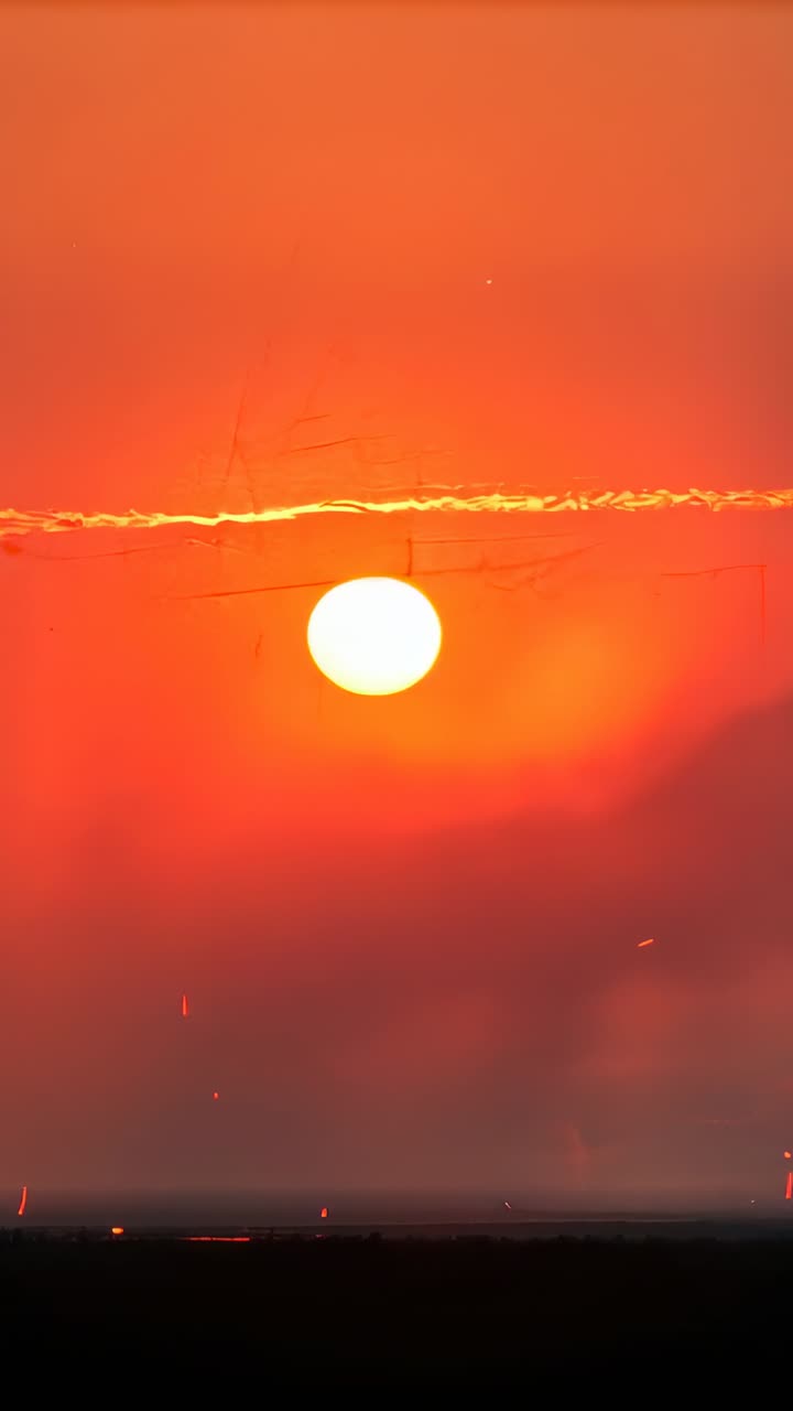 Vertical video: Showing sun disk sliding via scuffed pane near horizon, with cloud crossing, specks