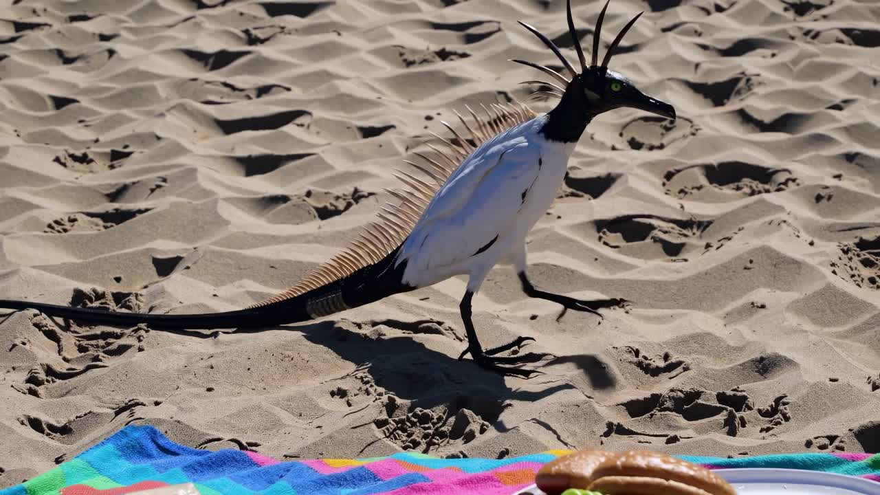 Strange Bird on the Beach with Picnic