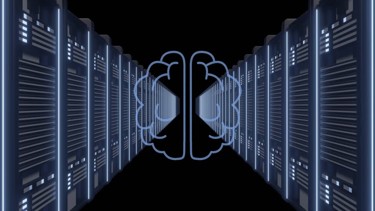 Animation of ai digital data processing and brain over computer servers