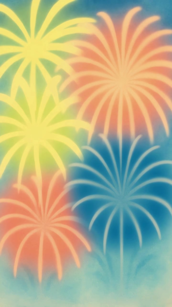 Animated Colorful Fireworks Exploding in a Stylized Sky Background