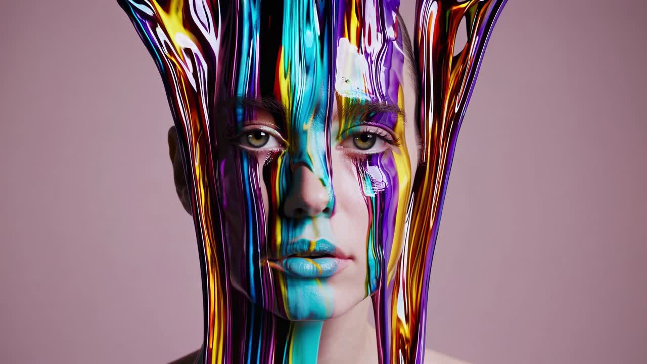 Vibrant liquid paint dripping across model's closed eye portrait, blending colorful streams over skin, creating dramatic artistic composition with dynamic texture and color interaction