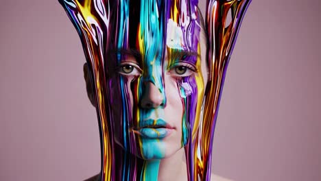 vibrant liquid paint dripping across model's closed eye portrait, blending colorful streams over skin, creating dramatic artistic composition with dynamic texture and color interaction