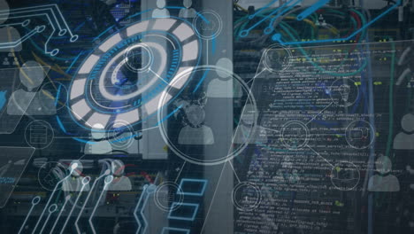 animation of data processing and scope with circuit board over computer server