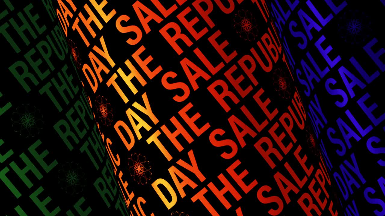 공화국의 날 판매 녹색 오렌지 파란색 글자 튜브 회전 애니메이션 검은색 배경에 원활한 루프 4k 3d 렌더링 텍스트 실린더 운동 루프 타이틀 또는 트레일러 판매 캠페인을 위해.