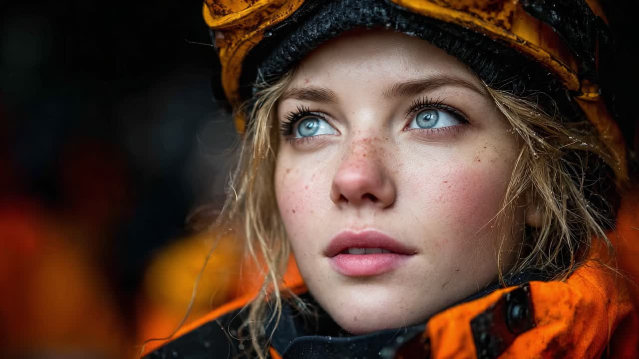 A close-up portrait of a young woman with striking blue eyes and a soft expression, wearing a vibrant orange winter jacket and goggles, set against a colorful blurred background