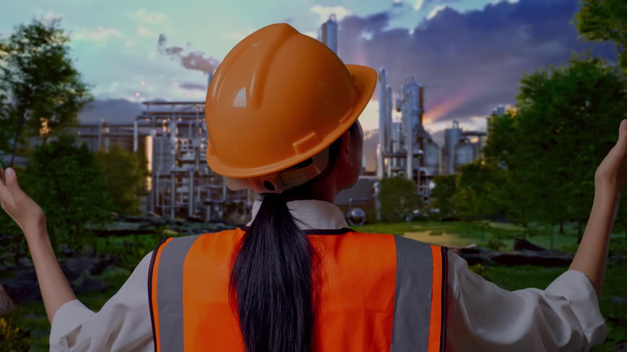 Close Up Back View Of A Female Engineer With Safety Helmet Spreading Arms While Standing In Front Of Oil Refinery