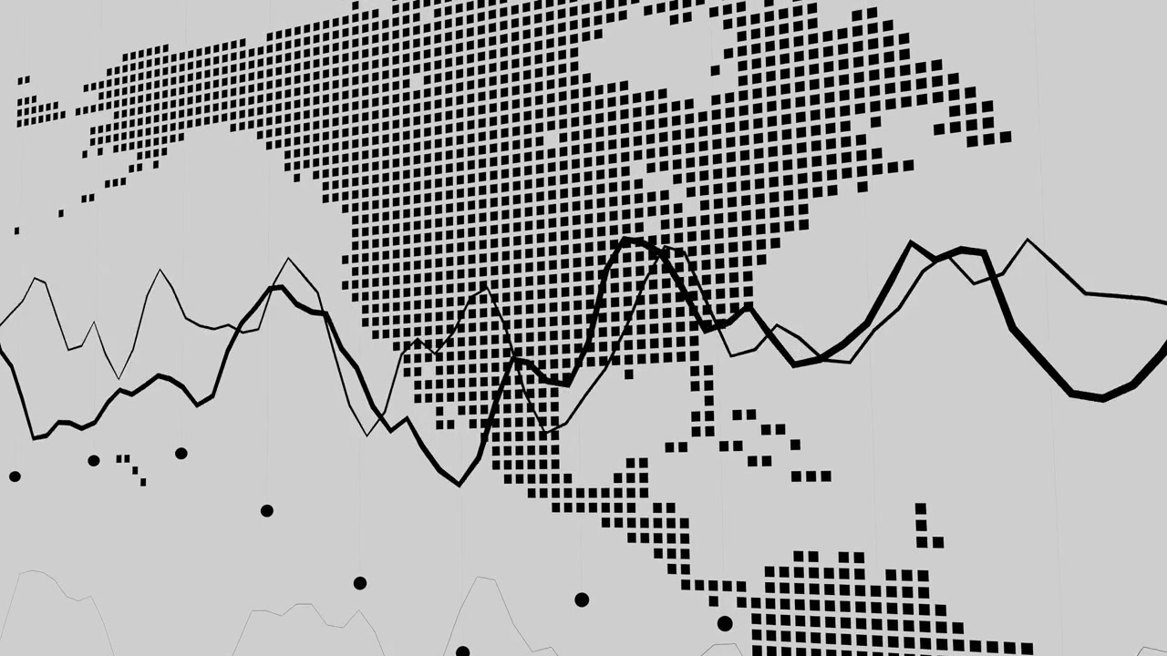 North and South America on a black grid world map with fluctuating financial graph lines. Concept of global economy, stock market trends, and financial data analysis for business and trade design