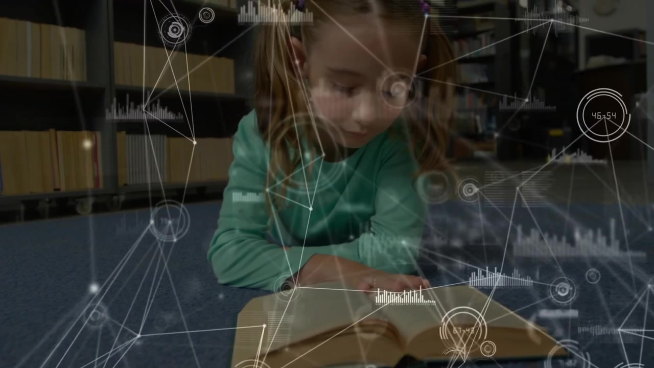 Girl lying on library rug pointing line and initiating pulsing learning data overlay while reading