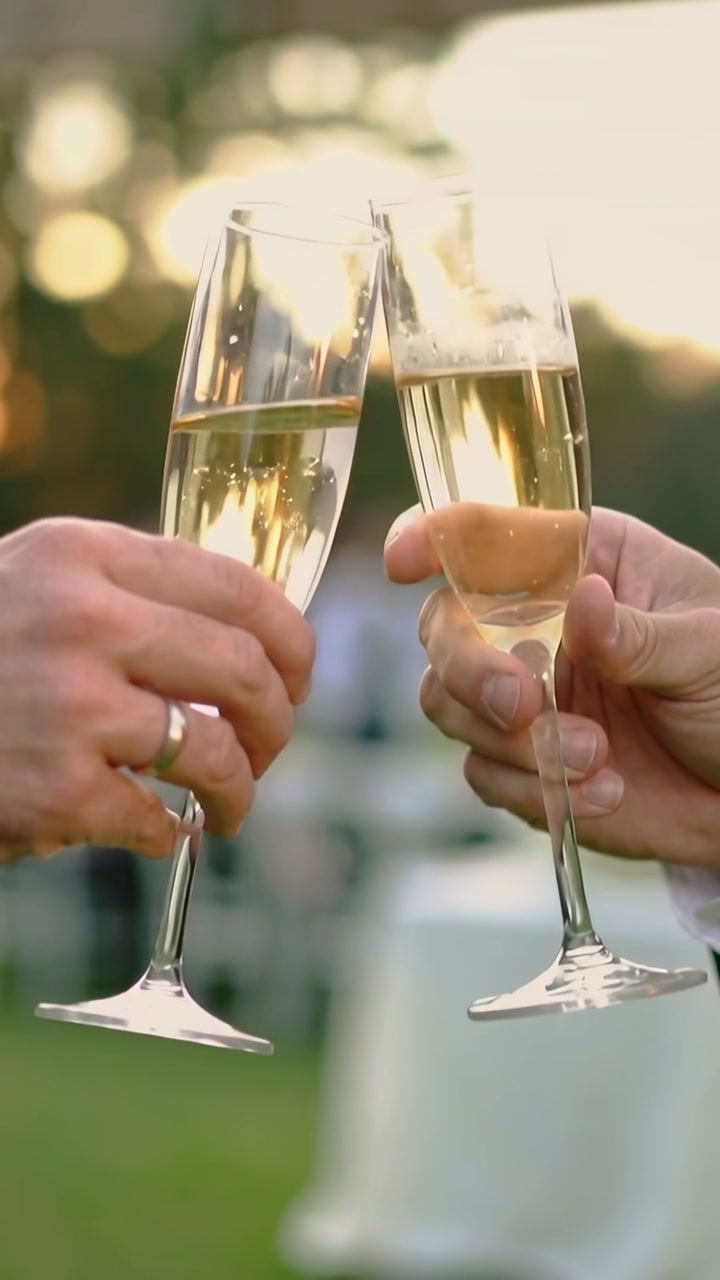 Vertical video: Entering hands lifting and toasting flutes on lawn, with suit sleeve, ring