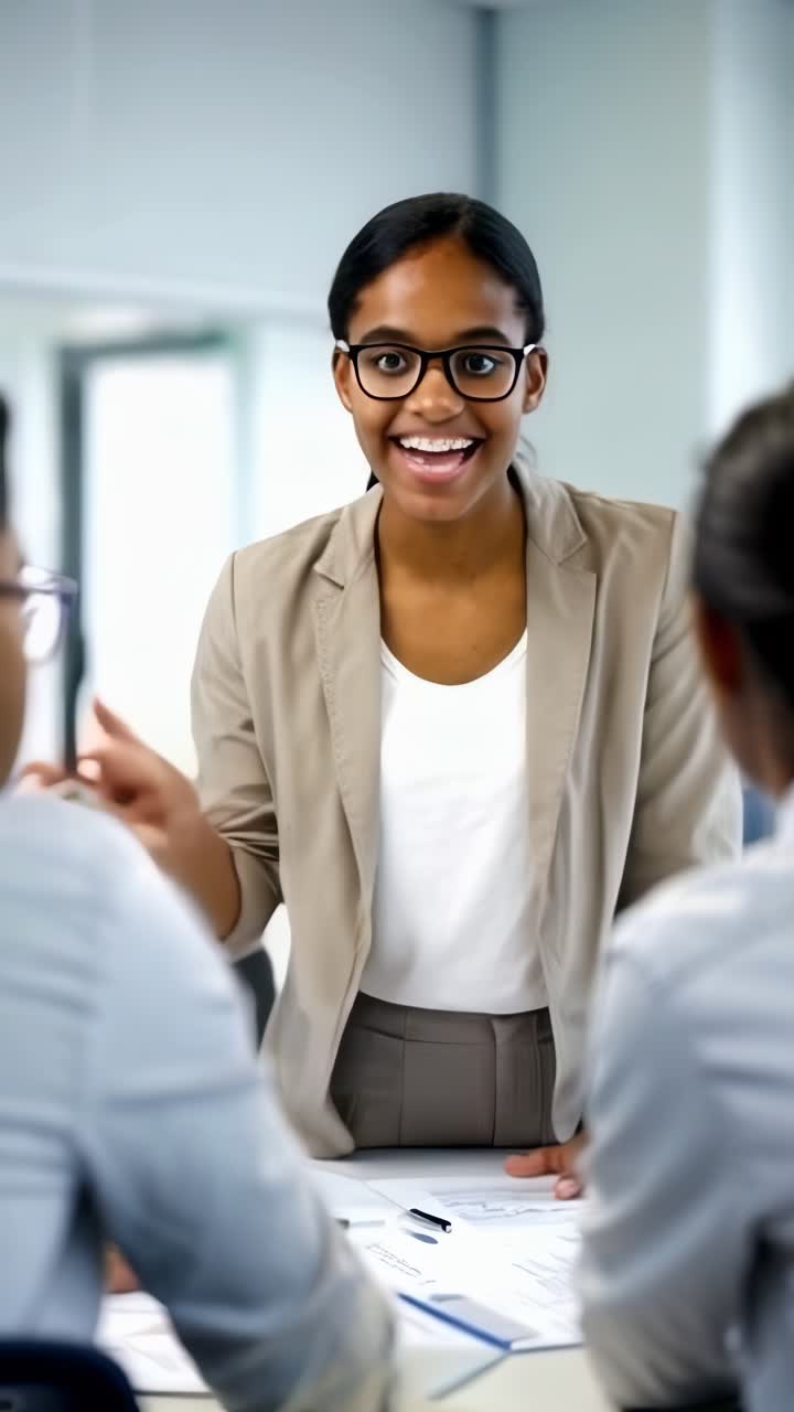 Businesswoman, presenting ideas for an upcoming project speaking in front of several colleagues.