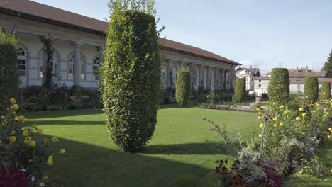 Ruhige-Gartenlandschaft-Mit-üppigem-Grün-Und-Geformten-Formschnitten-An-Einem-Hellen,-Sonnigen-Tag