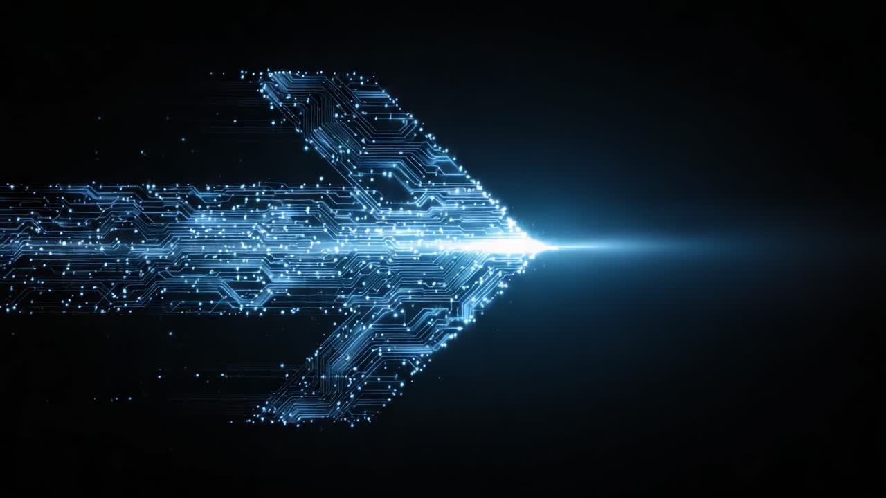 A mesmerizing visualization of technology and motion, showcasing a dynamic arrow formed from shimmering particles and circuitry elements, symbolizing progress and innovation