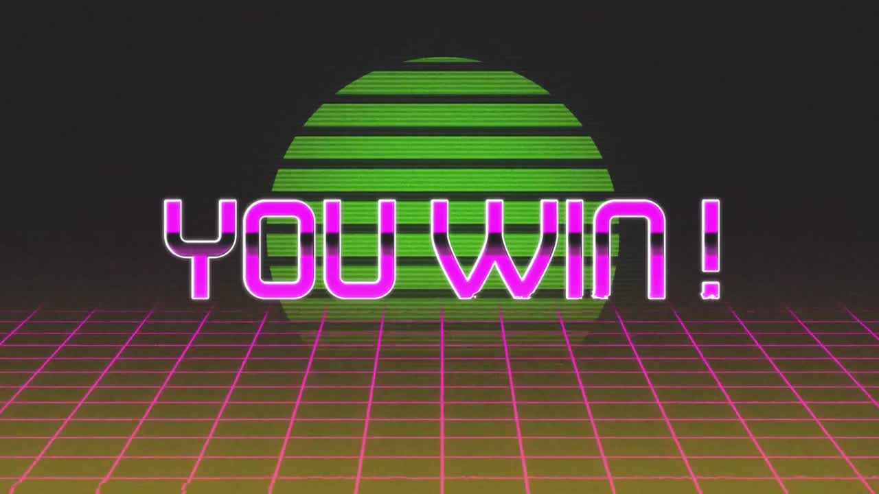 당신은 승리합니다! 분홍색 격자 땅과 반 ⁇ 이는 원 위에 쓰여진 단어