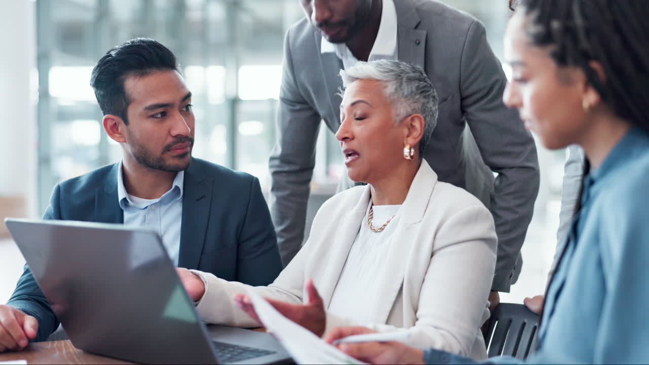 Business people, meeting and computer