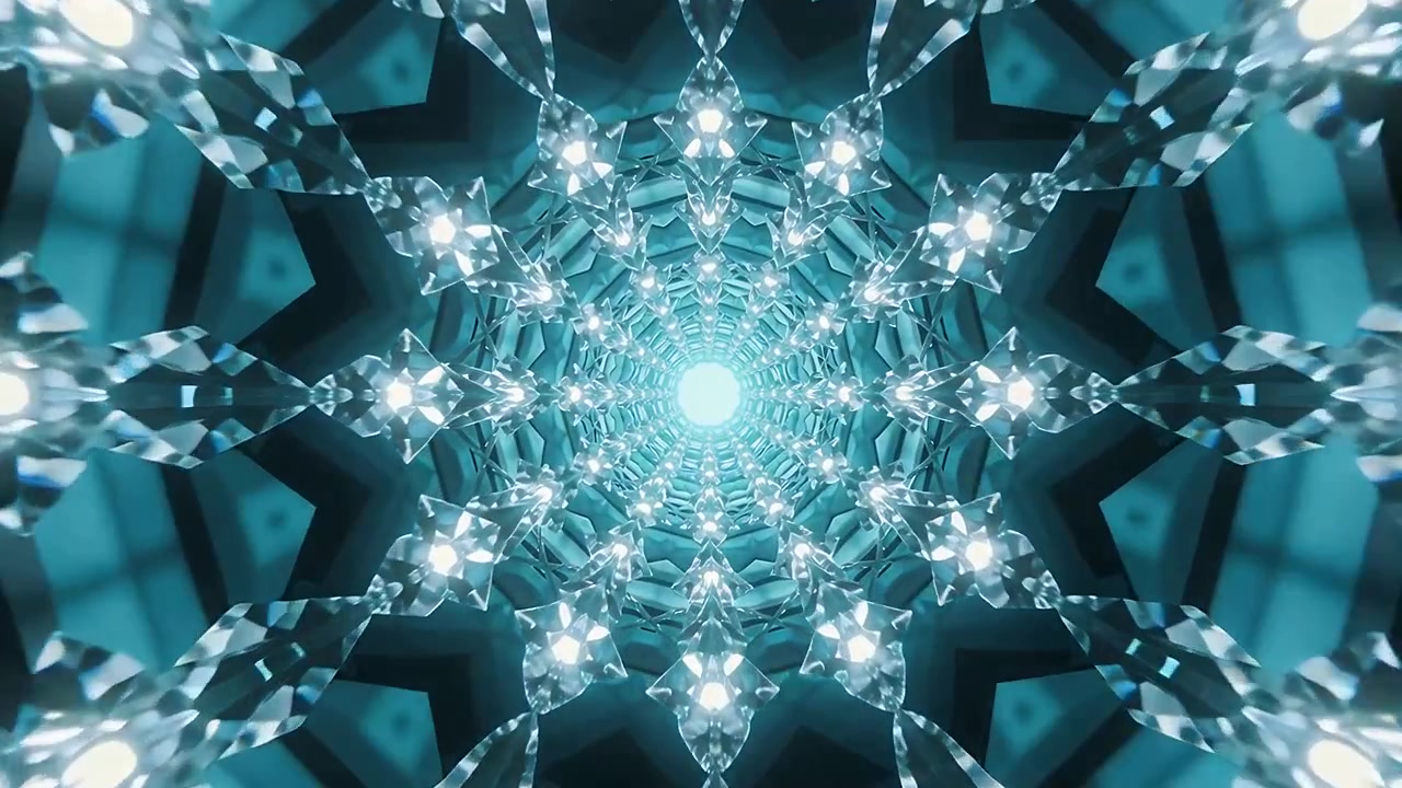 Strutture che avanzano, con un nucleo turchese e anelli di cristallo che si muovono verso l'interno in un tunnel, ruotando e illuminandosi.