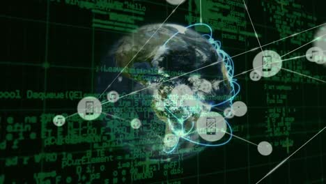 animación de la red de conexiones con iconos en todo el mundo y procesamiento de datos en fondo negro