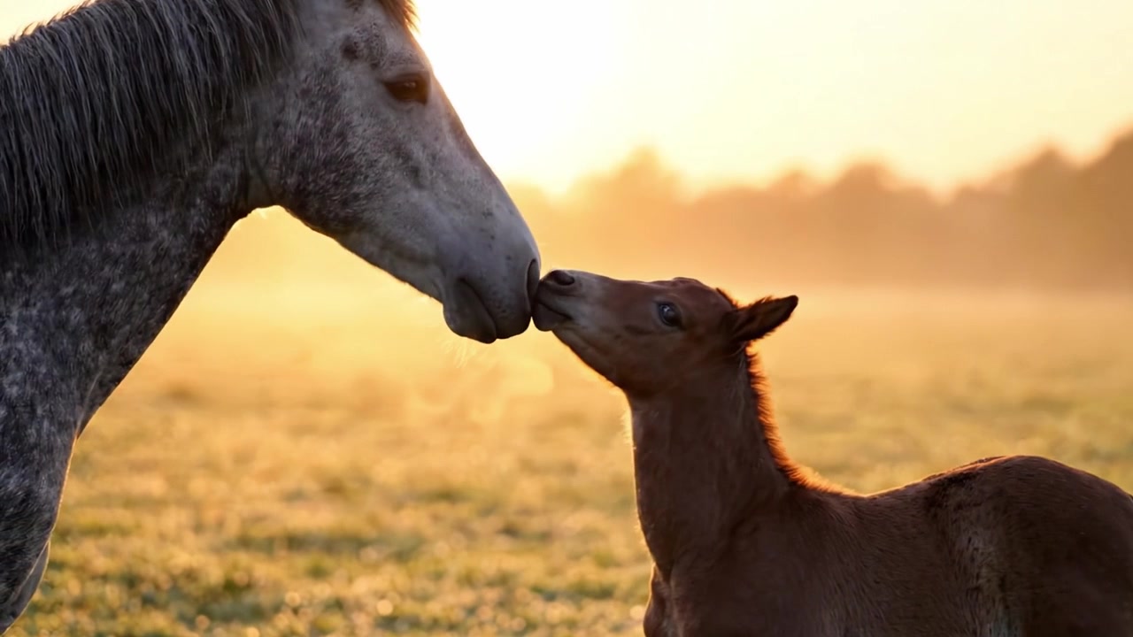 A Heartwarming Moment: A Mother Horse Tenderly Nurtures Her Foal at Sunrise, Emphasizing the Bond Between Them in a Serene Pastoral Landscape