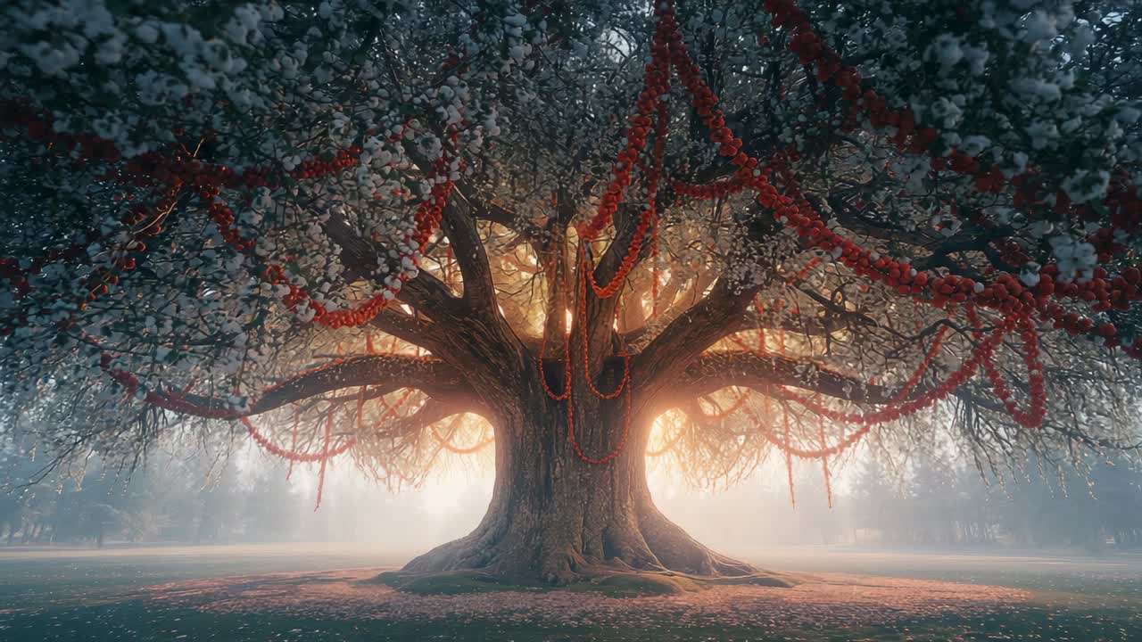 Dawn mist drifting ancient tree swaying berry garlands in forest clearing, dew leaves glinting