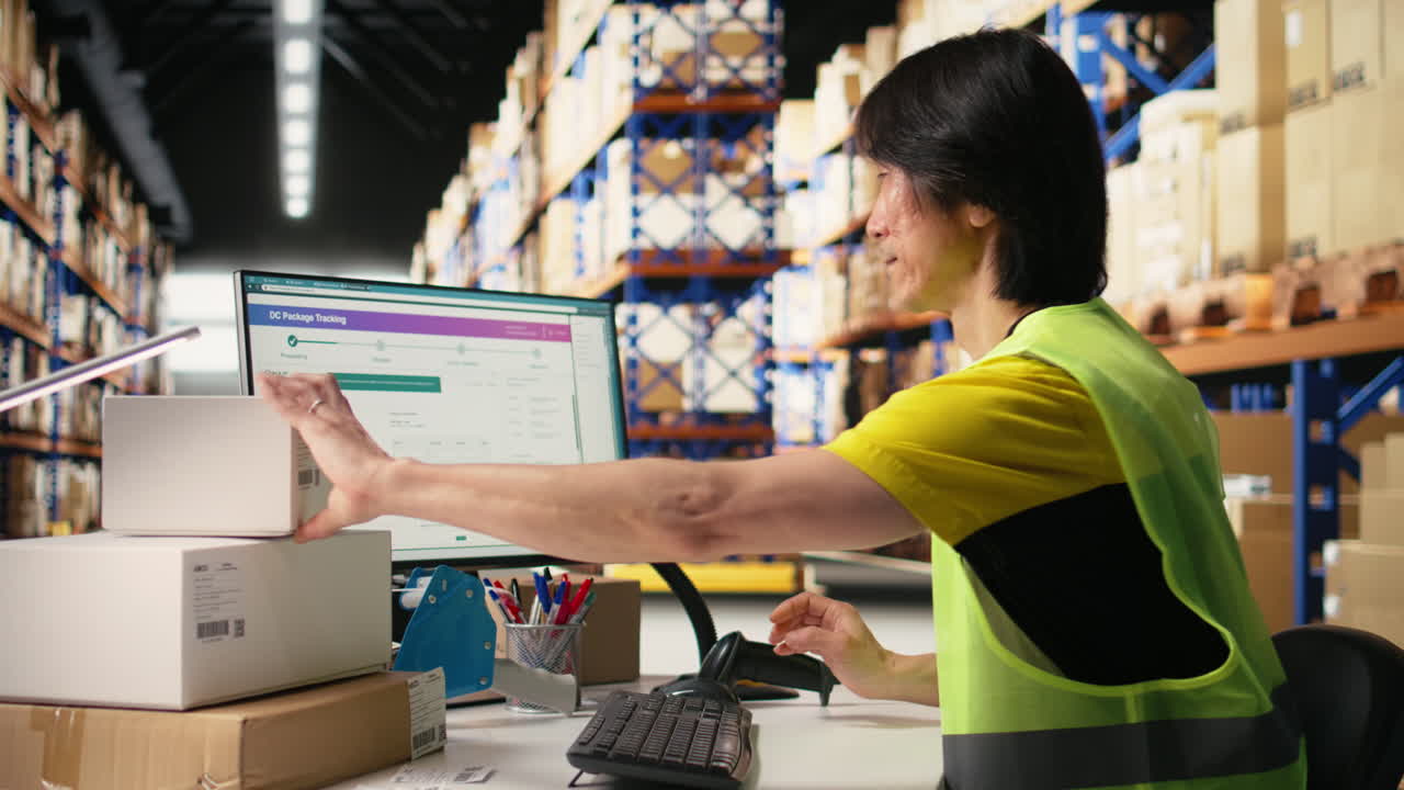 Vertical Video Fulfillment center staff engages in airway bills scanning for order tracking