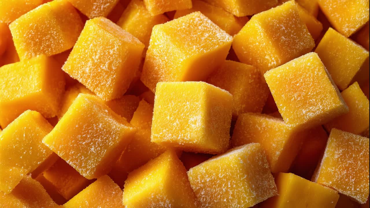 Vivaci cumuli di cubetti dorati: una vista ravvicinata di dolci pezzi di mango congelati, pronti per deliziosi frullati o spuntini