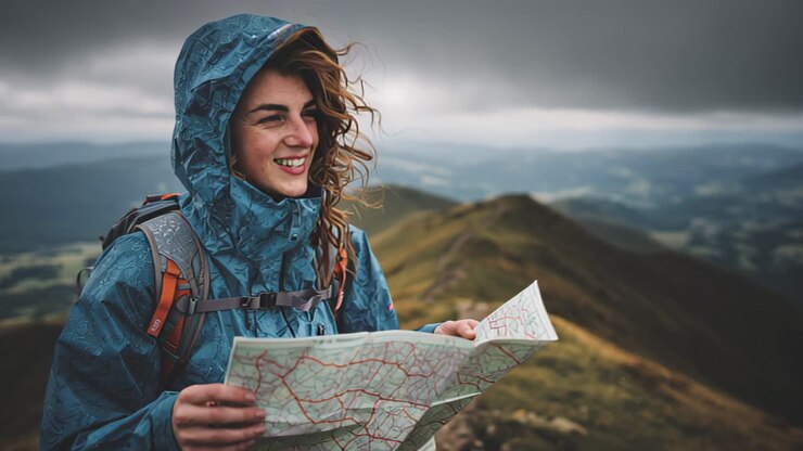 Smiling young woman hiker in hooded rain jacket with backpack studies a paper map on a mountain ridge under stormy clouds, outdoor adventure travel concept
