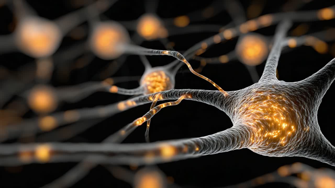 A Close-Up Visual Exploration of Neurons and Their Electrical Activity Illuminated with Brilliant Orange Sparks in a Compelling Microcosmic Landscape
