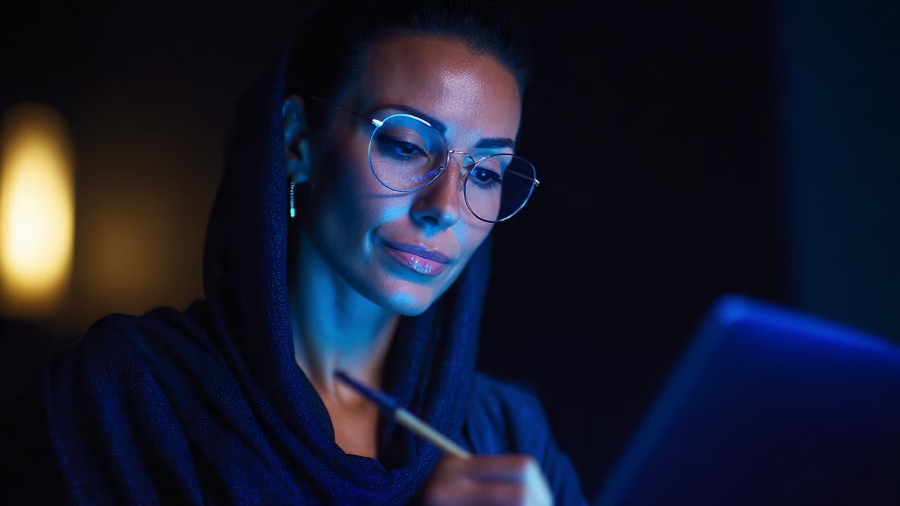 A focused woman in a dimly lit environment, writing attentively on a tablet, exuding concentration and determination, highlighted by soft blue lighting that accentuates her thoughtful expression and elegant style