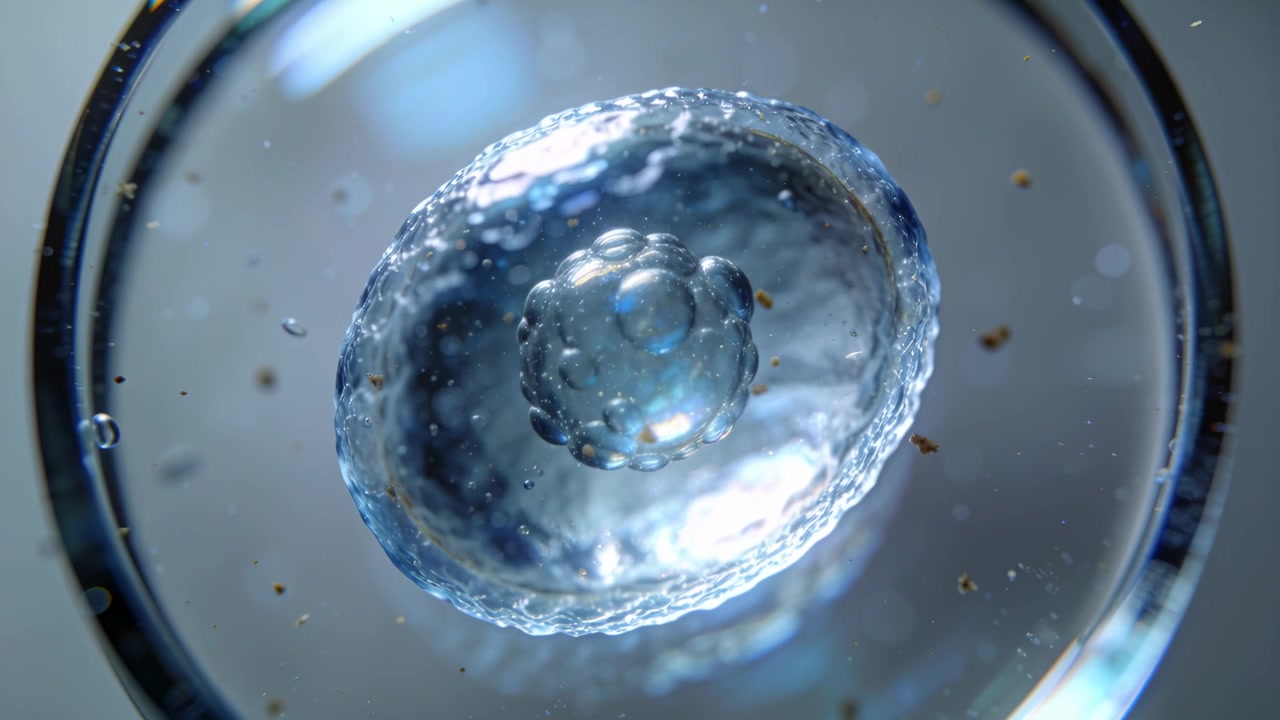 Vescicola trasparente rotante con ammasso interno che si muove al microscopio, luce che cambia, bolle che fluttuano